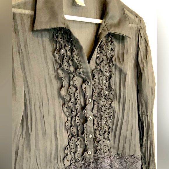 ALLISON TAYLOR - STUNNING Sheer Blouse RUFFLES LACE Button-down Sz M - BLACK - Picture 2 of 10
